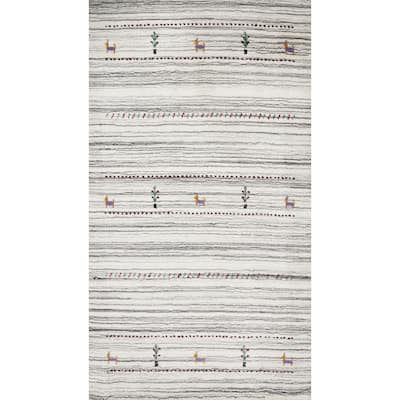 Hand Knotted Oriental 100% Wool Carpet Tribal Animal Pictorial Beige & Ivories Gabbeh Area Rug - 4' 11'' X 3' 0''
