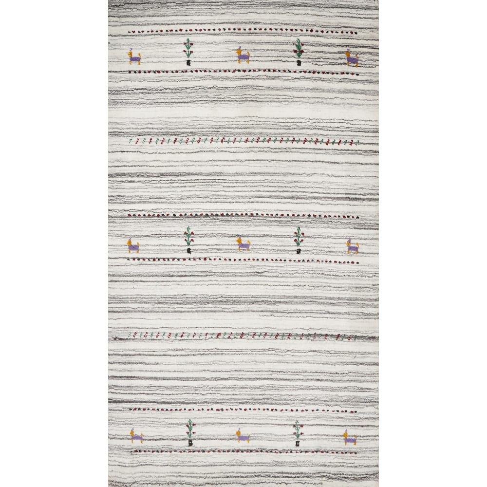 Hand Knotted Oriental 100% Wool Carpet Tribal Animal Pictorial Beige & Ivories Gabbeh Area Rug - 4' 11'' X 3' 0''