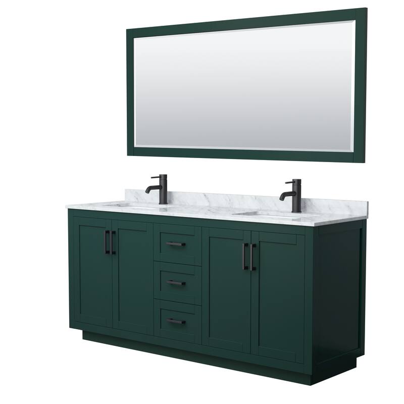 Miranda Double Vanity Set, White Carrara Marble Top, 70-Inch Mirror - 72-Inch Double - Green, Black Trim, White Carrara Marble Top