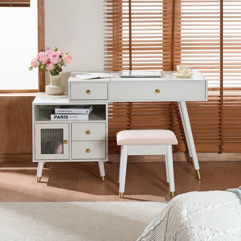 3-in-1 Vanity Desk with Lighted Flip-Top Mirror & Retractable Side Cabinet, Vanity Set with Stool & Storage Drawers