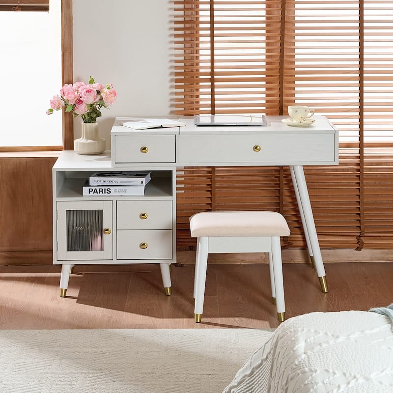 Extendable Makeup Dressing Table with Stool, 3-in-1 Makeup Vanity Desk with Flip-Top Mirror & 3-Color LED Light, White