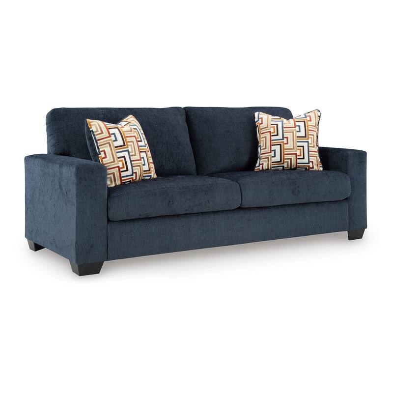 Avie Queen Sofa Sleeper, 2 Accent Pillows, Navy Blue Polyester 85 Inch