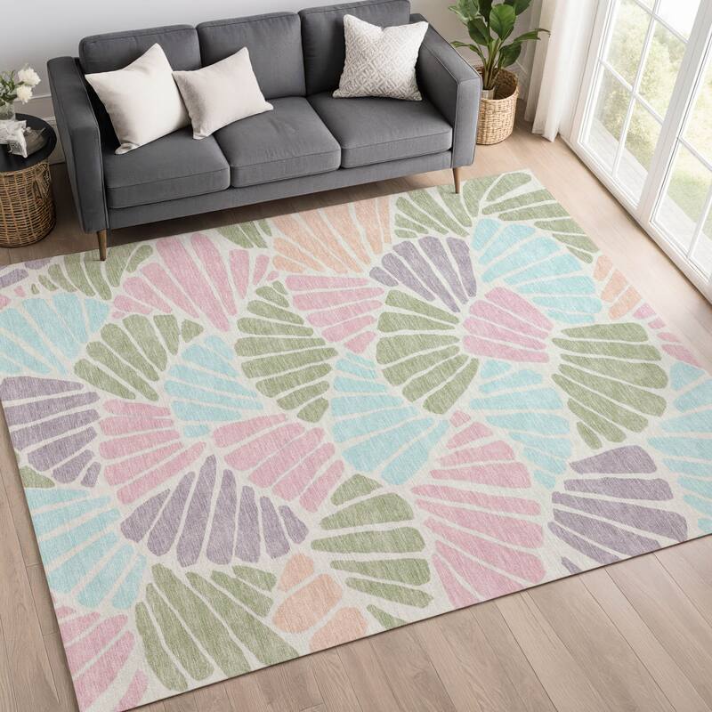 Machine Washable Indoor/ Outdoor Floral Modern Chantille Rug