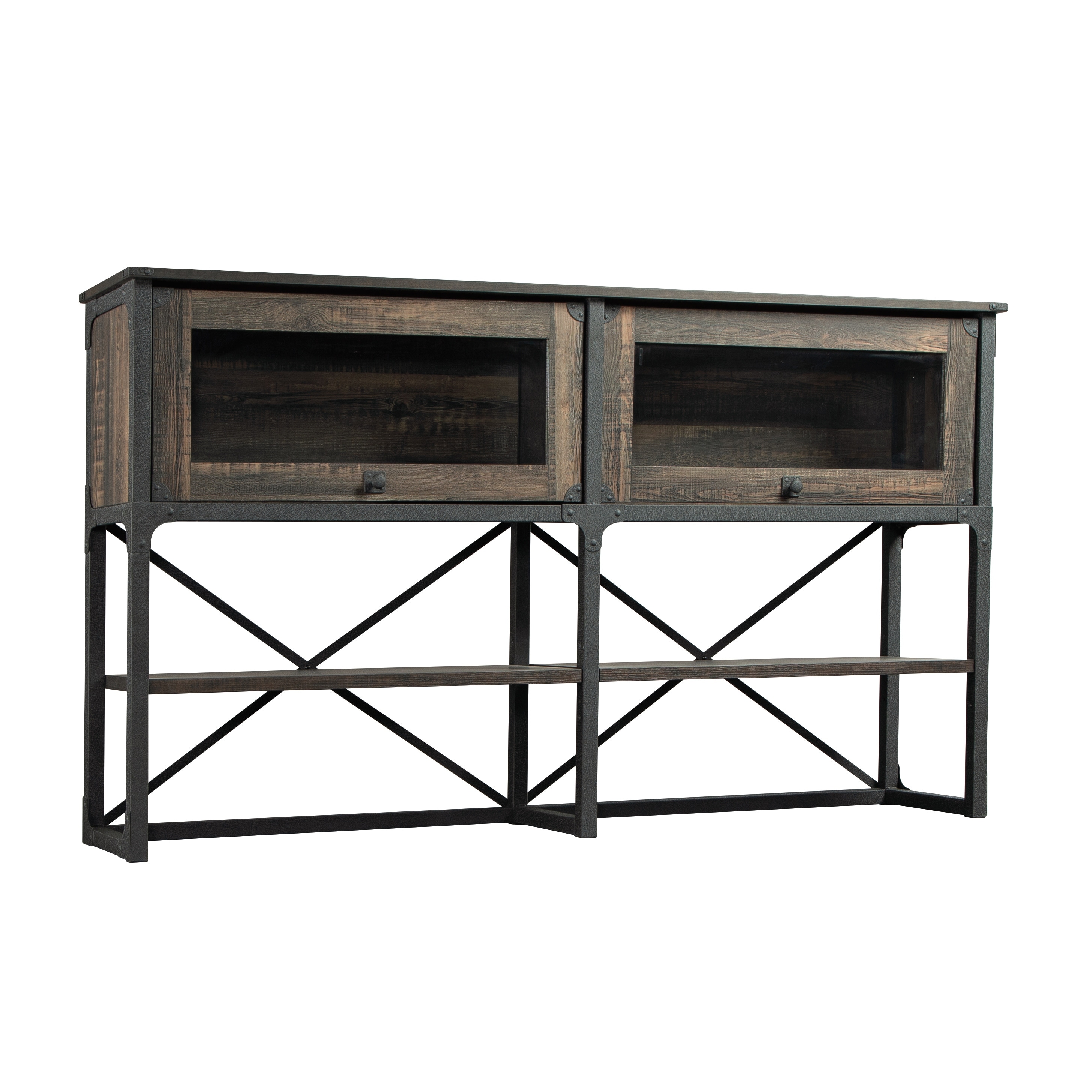 Wood Hutch with Glass Doors and Adjustable Shelves, Brown - 66.14" W x 14.06" D x 38.50" H