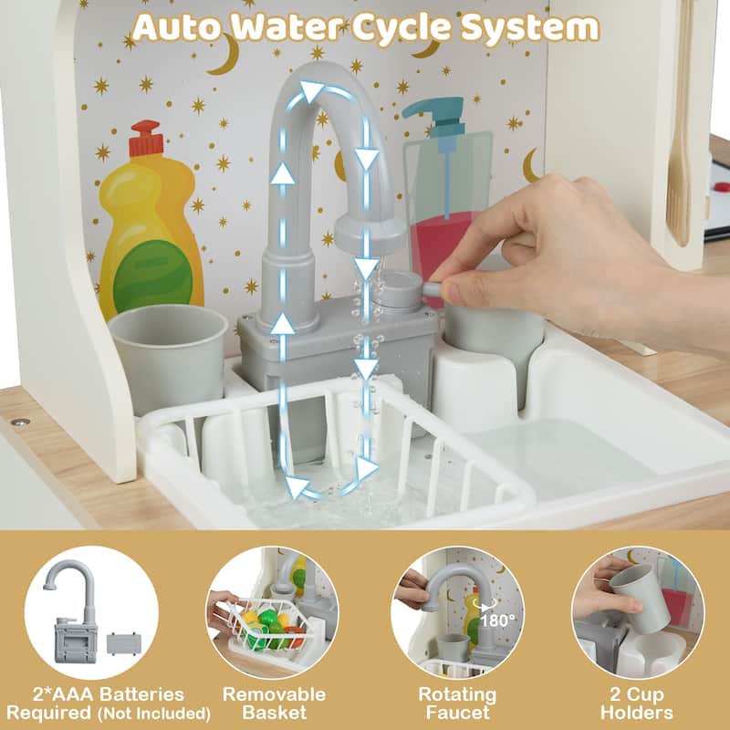 Gymax Kids Play Kitchen w/Working Faucet & Sink Microwave & Dishwasher