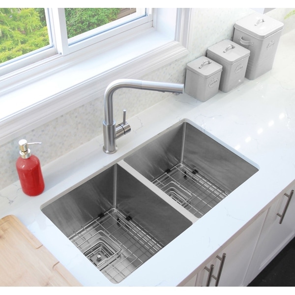 30"L x 18"W Stainless Steel Double Basin Undermount Kitchen Sink with Grids and Square Strainers. Opens flyout.