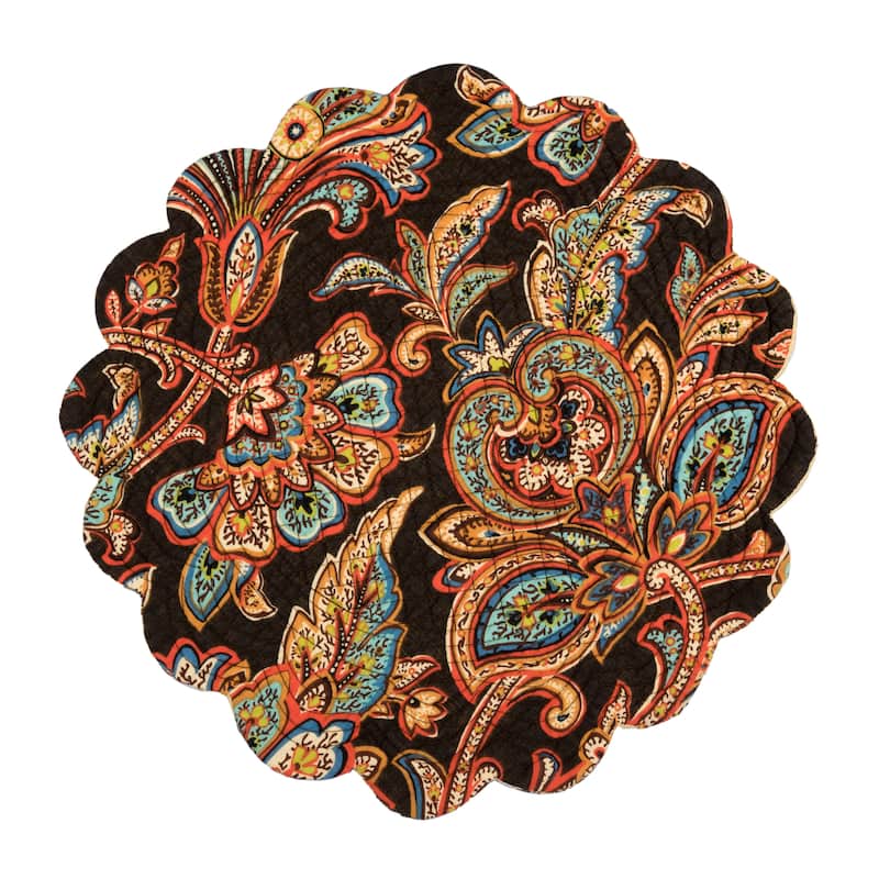 Dorothy Autumnal Brown Quilted Scalloped Paisley Floral Accents Placemats Set of 6, 17" - Multicolored