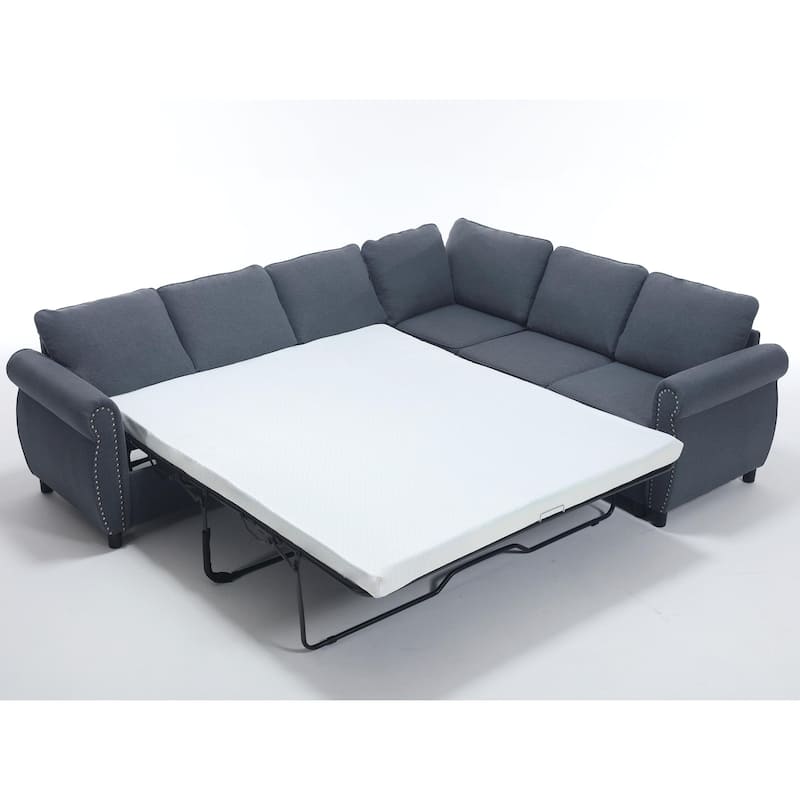 104" Polyester L-Shaped 6-Seater Sleeper Sofa with Pull-Out Queen Bed and 7 Removable Cushions