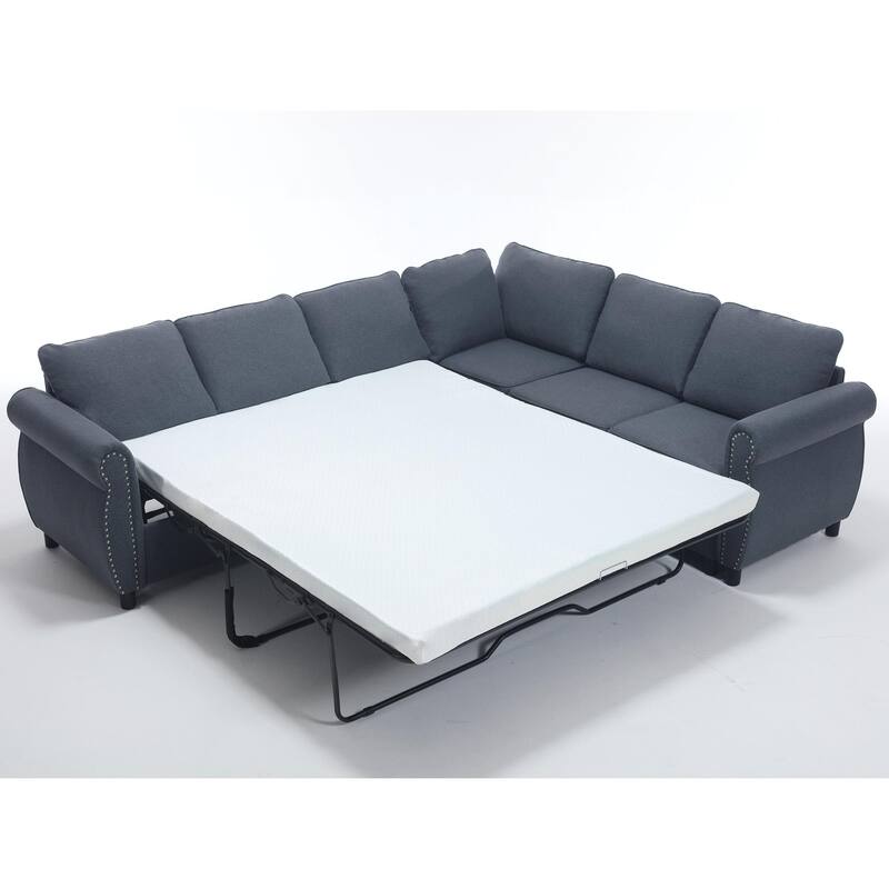 2 in 1 Pull Out Sleeper Sofa Bed, 6 Seater, L Shaped, Gray, 104" x 81" x 33"