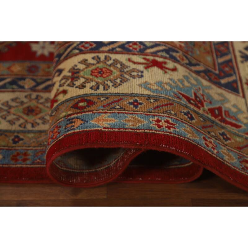 Red Geometric Kazak Area Rug Hand-Knotted Bedroom Wool Carpet - 6'2" x 10'2"