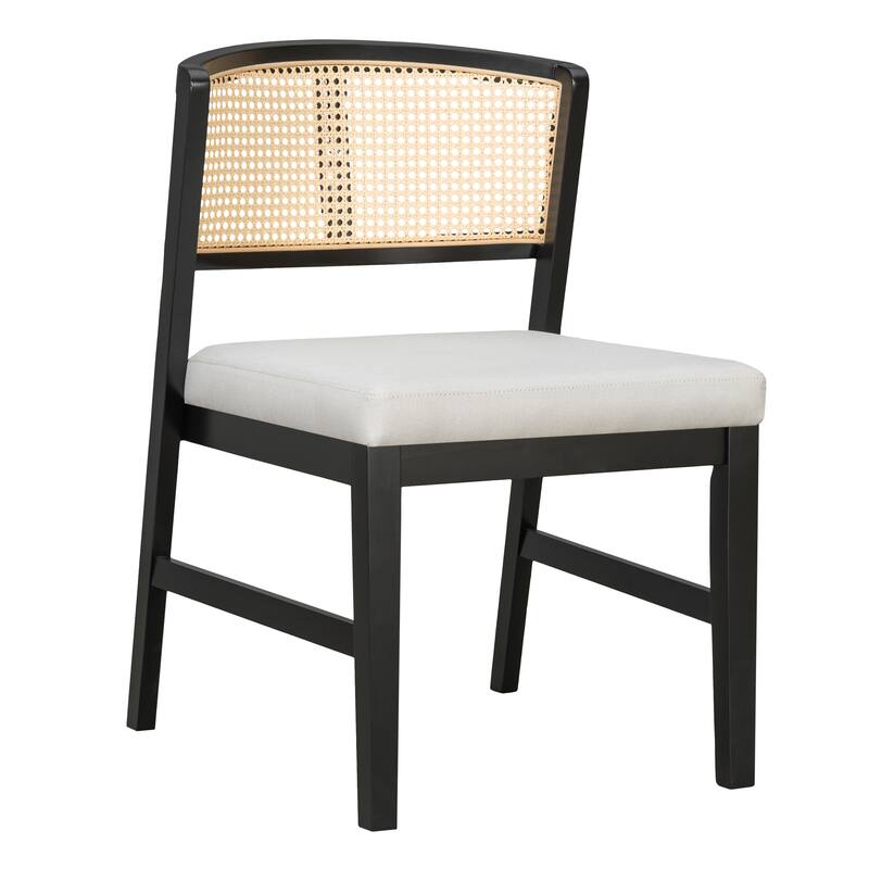 Set of 2 Rattan Dining Chairs - Fabric Upholstered Seat, Curved Rattan Back & Hardwood Frame, Armless