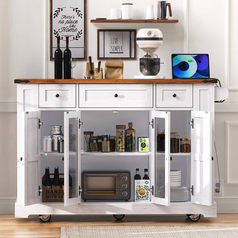 Kitchen Island with Two Tempered Glass Cabinet Doors, Power Outlet, Rolling Kitchen Cart on Wheels with Drop Leaf