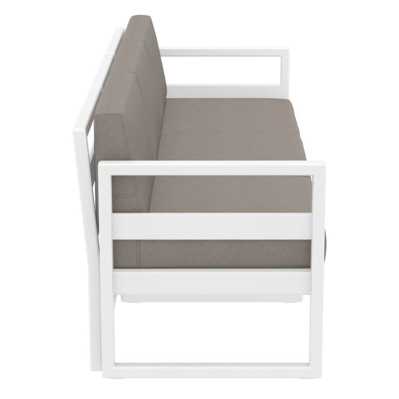 79" White Outdoor Patio Sofa with Sunbrella Taupe Brown Cushion