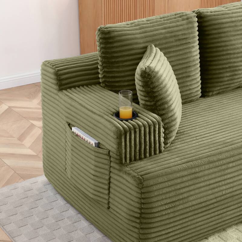 Anmytek Green Corduroy 66.5 Inch Boneless 2 Seater Floor Sofa with Cup Holders Side Pockets Extra Pillows No Assembly