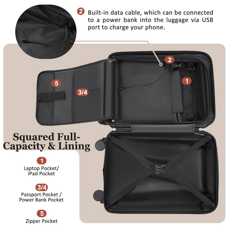 Luggage Sets 5 Piece with Half-opening, Hardside Carry On Suitcase Set with Double Spinner Wheel, with USB Port,TSA Locks