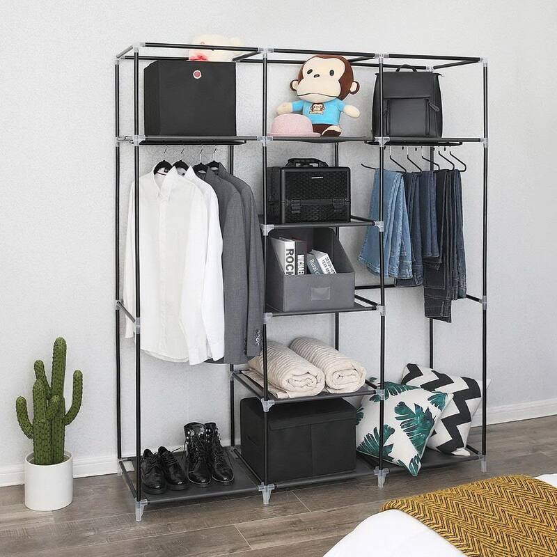 Portable Closet Organizer Wardrobe Storage Organizer with Cover Shelves Black