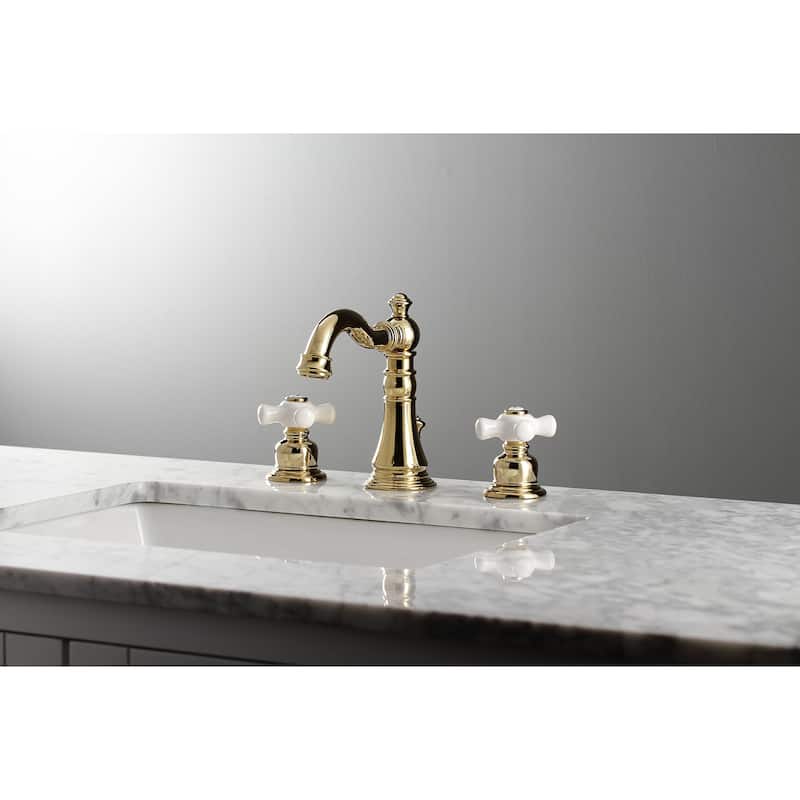 Kingston Brass American Classic Two-Handle 3-Hole Deck Mount Widespread Bathroom Faucet with Pop-Up Drain
