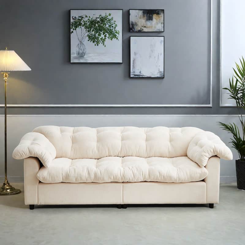 99.2" Fabric Modern Classic 3-Seater Sofa, Solid Wood Frame & Plush Cloud Cushioning - Beige