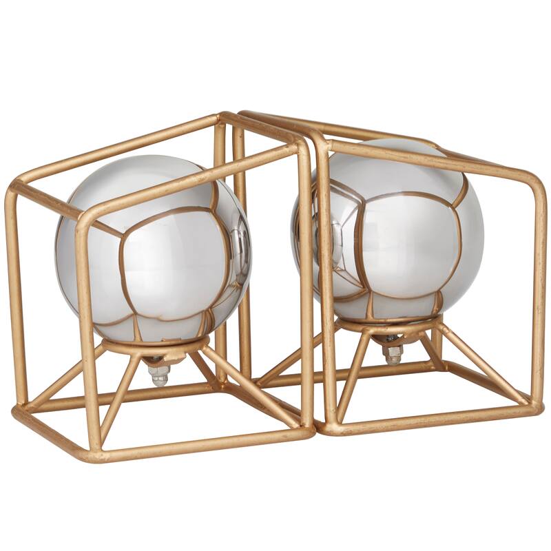 Stainless Steel Metal Geometric Orb Bookends with Gold Base - Set of 2 Silver - CosmoLiving by Cosmopolitan - 5"W x 5"L x 6"H
