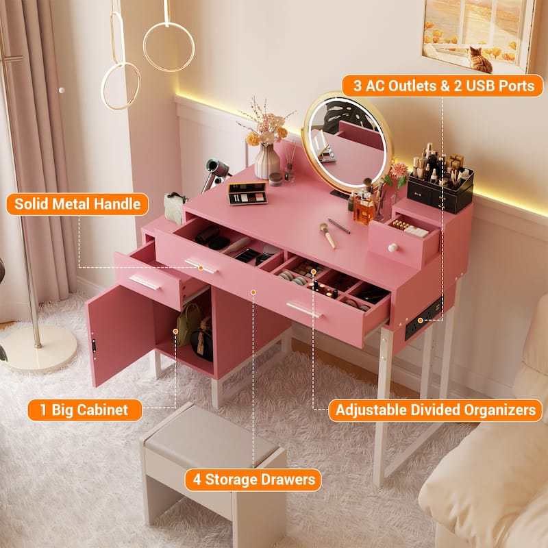 Reversible Makeup Vanity Desk With Charging Station and 4 Wooden Drawers and 1 Cabinet