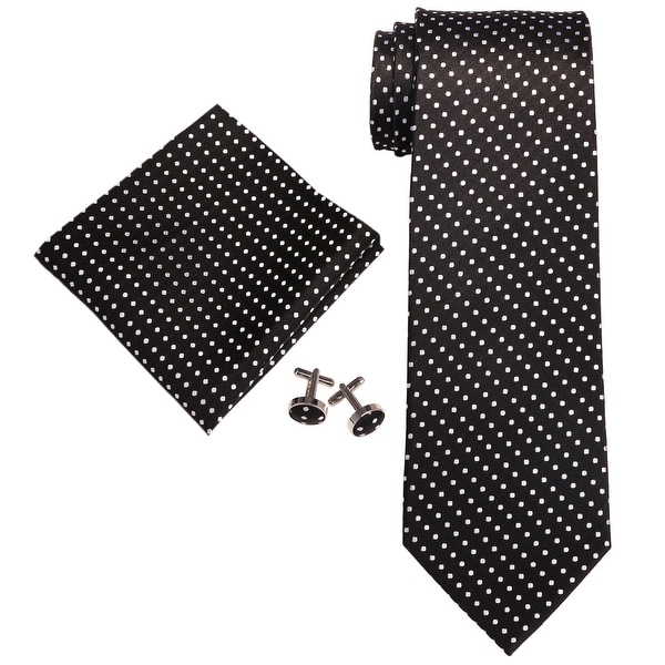 Men's Black & White Polka Dots 100% Silk Neck Tie Set Cufflinks & Hanky 18A74 - regular