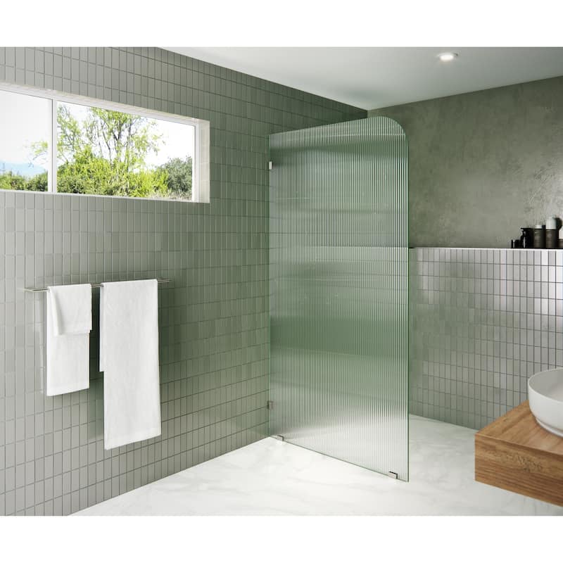 Glass Warehouse 40" x 78" Frameless Shower Door - Single Fixed Panel Fluted Frosted Radius - 40 Inch - Left - Brushed Nickel