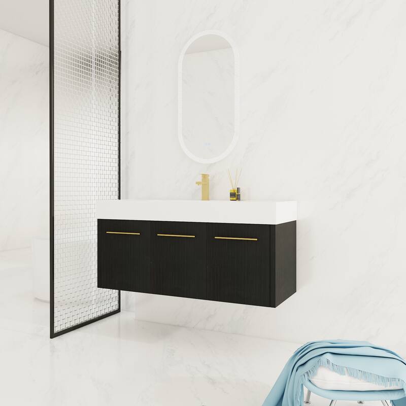 47-Inch Modern Bathroom Vanity with Resin Sink, Soft-Closing Hinges, Eco-Friendly Plywood Base, Black Chestnut Finish