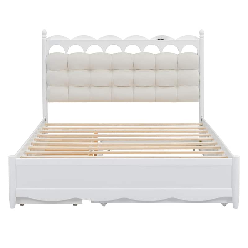Queen Size Platform Bed with Twin XL Trundle, Wooden Storage Bed Frame with 2 Storage Drawers, One set of Sockets & USB Ports