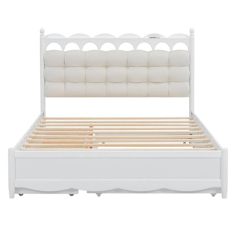 Queen Size Superior Quality Platform Bed w/ 2 Big Drawers, Twin-XL Size Trundle & USB Ports, White Storage Bed