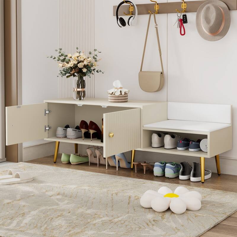 Modern Shoe Storage Bench with Storage Cabinet and Upholstered Cushions, Entryway Bench with Open Compartment for Living Room