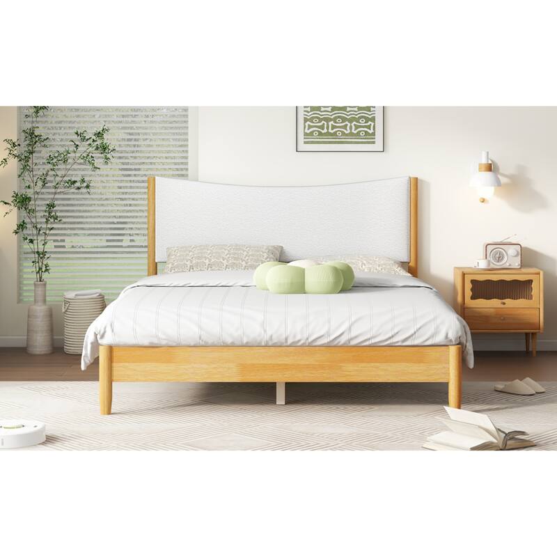 Roomfitters Queen Rubber Wood Bed with Boucle Upholstered Headboard, Reinforced Slat Platform with Support Feet, Natural