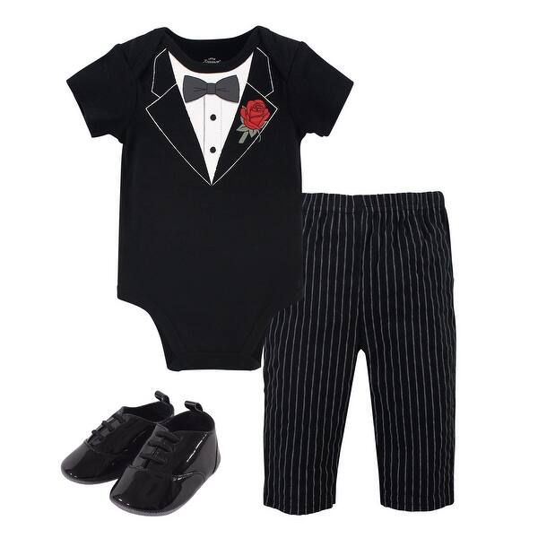 slide 1 of 1, Little Treasure Baby Boy Cotton Bodysuit, Pant and Shoe 3pc Set, Tuxedo Rose 0-3 Months - Tuxedo Rose