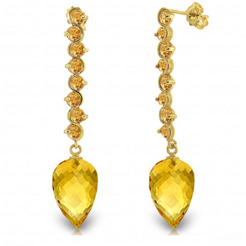 22.1 Carat 14K Solid Gold Drop Briolette Citrine Gemstone Earrings - Yellow