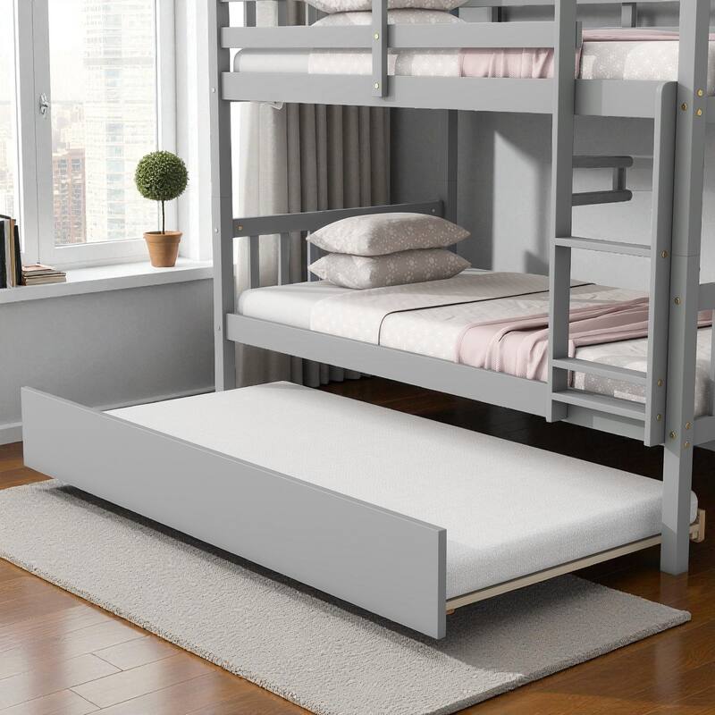 Twin Over Twin Rubber Wood Bunk Bed with Trundle, Convertible into Twin Beds, Ladder and Safety Guardrails