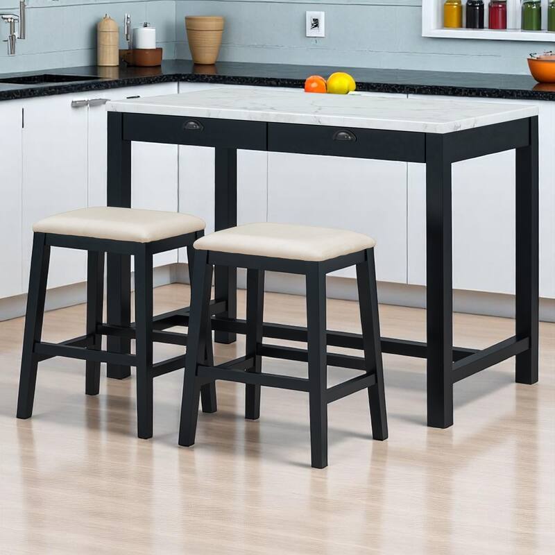 3-Piece Modern Dining Set with Faux Marble Table & 2 Stools, Space-Saving with Storage Drawers, Upholstered for Dining Room - Black