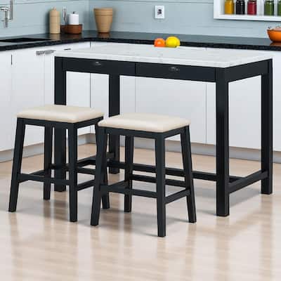 3-Piece Modern Dining Set with Faux Marble Table & 2 Stools, Space-Saving with Storage Drawers, Upholstered for Dining Room