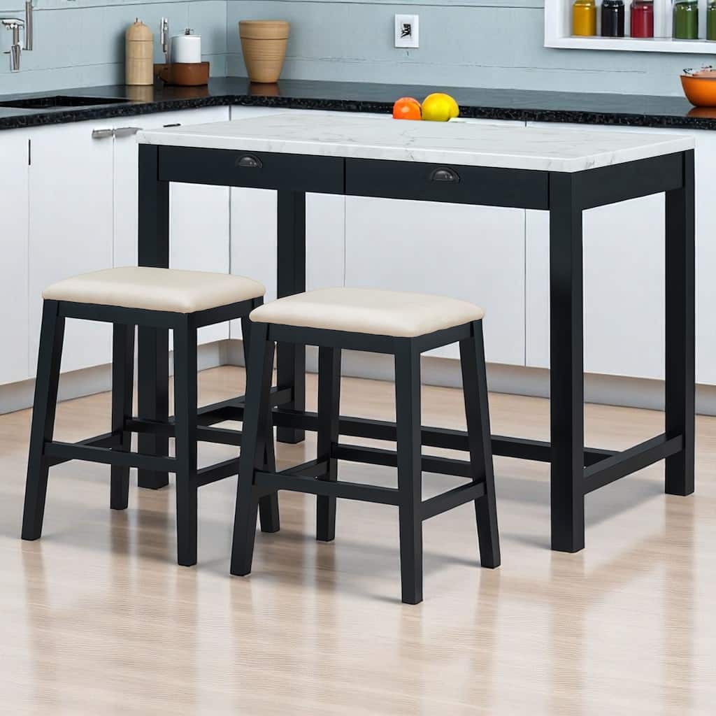 3-Piece Modern Dining Set with Faux Marble Table & 2 Stools, Space-Saving with Storage Drawers, Upholstered for Dining Room