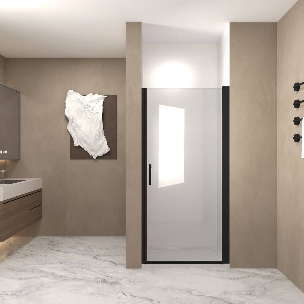 Framed Pivot Shower Door in Matte Black with Stainless Steel Handle