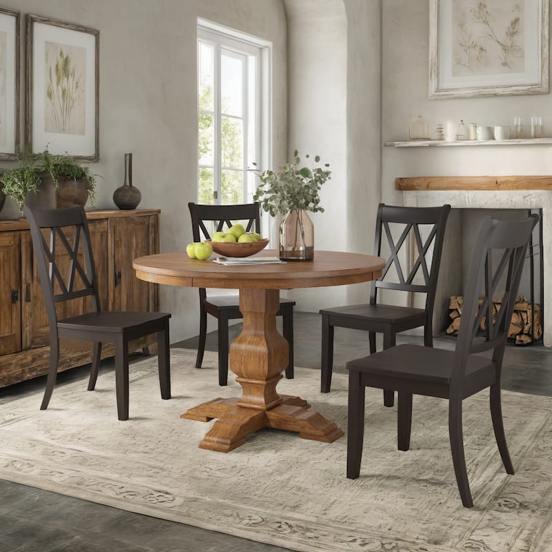 Ronda 45" Round Solid Wood Top Dining Set with X-Back Chairs - Oak Table - Antique Black Chairs