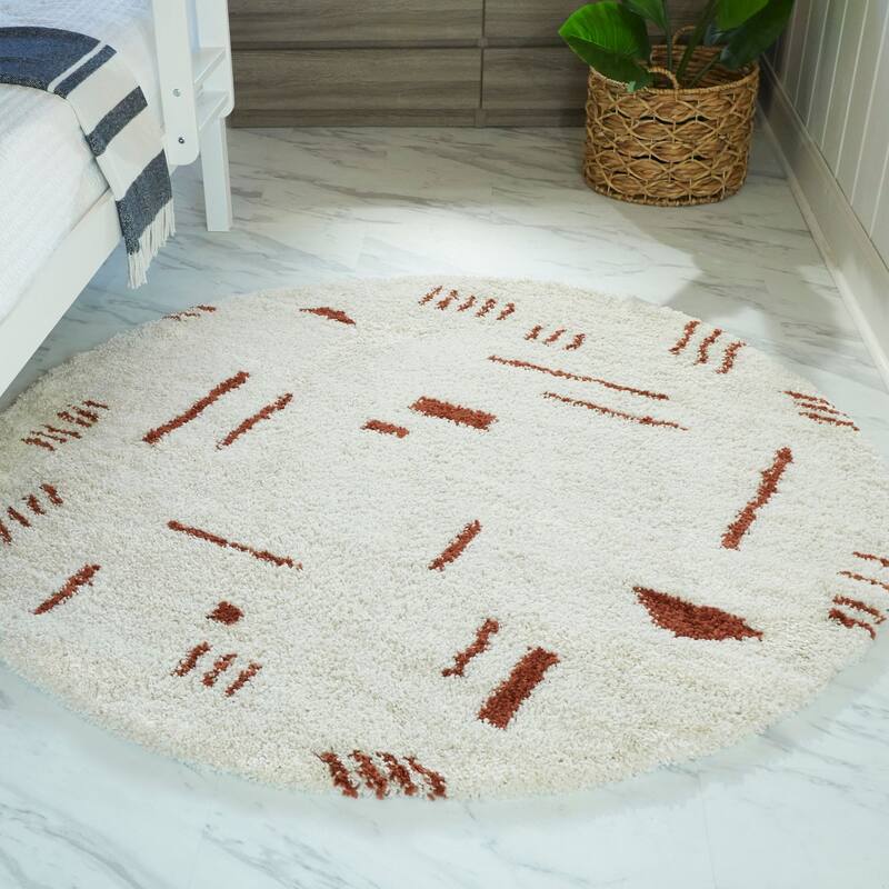 Carson Shag Area Rug - 5'3" Round - White/Rust