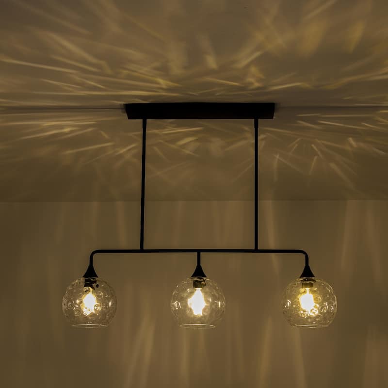 3-Light Modern Black/Brushed Gold Linear Chandelier for Kitchen Island with Clear Textured Glass Globe Shades