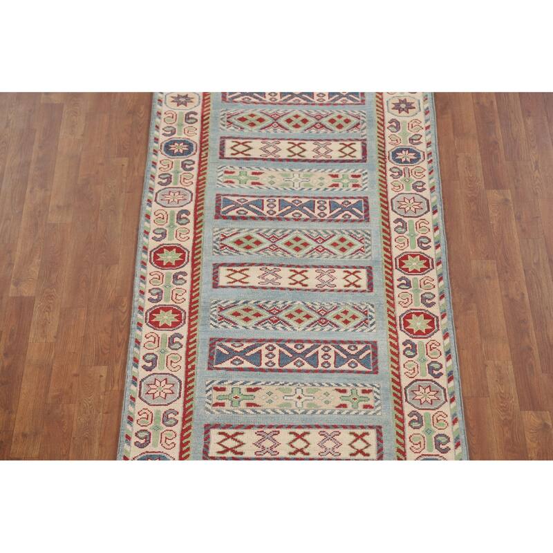 Light Blue Kazak Runner Rug Hand-Knotted Geometric Wool Carpet - 3'4" x 16'0"