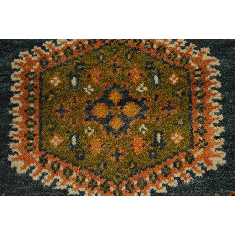 Hand Knotted Oriental 100% Wool Carpet Traditional Geometric Navy Blue & Blues Viss Runner Rug - 8' 9'' X 2' 7''