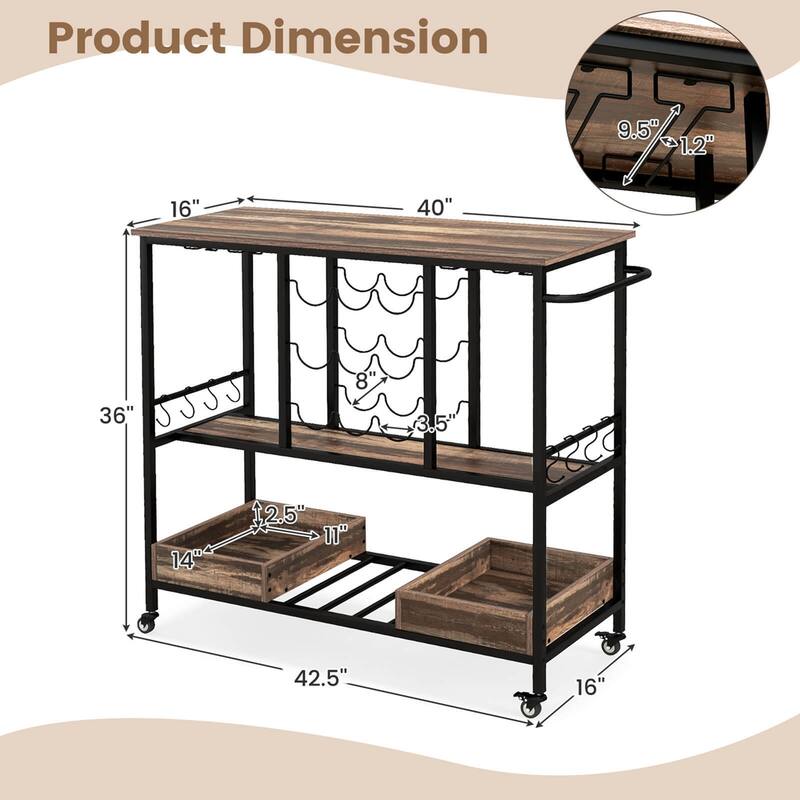 Costway 3 Tiers Bar Cart Home Serving Cart on Wheels with Glass Racks - See Details