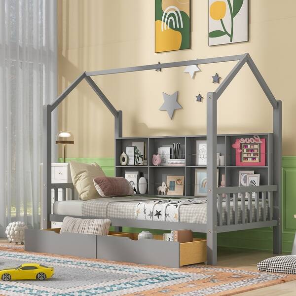 slide 2 of 24, White Wooden Twin House Bed with Drawers and Shelf - Perfect for Kids' Storage grey