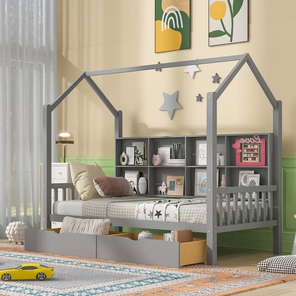 slide 2 of 24, Wooden Twin Size House Bed with 2 Drawers,Kids Bed with Storage Shelf, Gray Gray