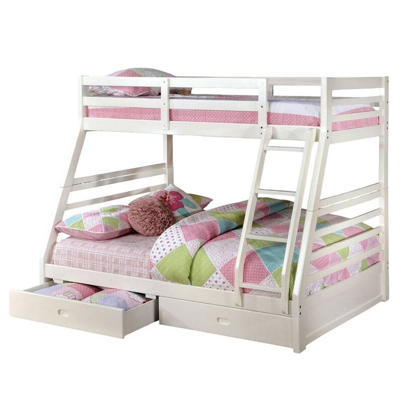 Twin Over Full Bunk Bed with Storage Drawers & Attached Ladder, White Finish