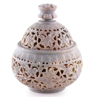 Handmade Soapstone Ivy and Lace Jar (India)