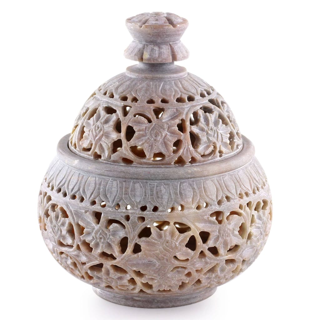 Handmade Soapstone Ivy and Lace Jar (India)