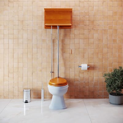 High Tank Toilet - Light Mahogany Flat Tank, White Elongated Bowl and Chrome Z Pipe Renovators Supply